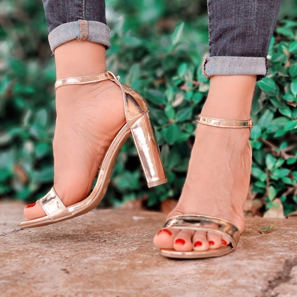 Rose Gold PU Ankle Strap Block Heel Dress Sandals - Picture 5 of 5